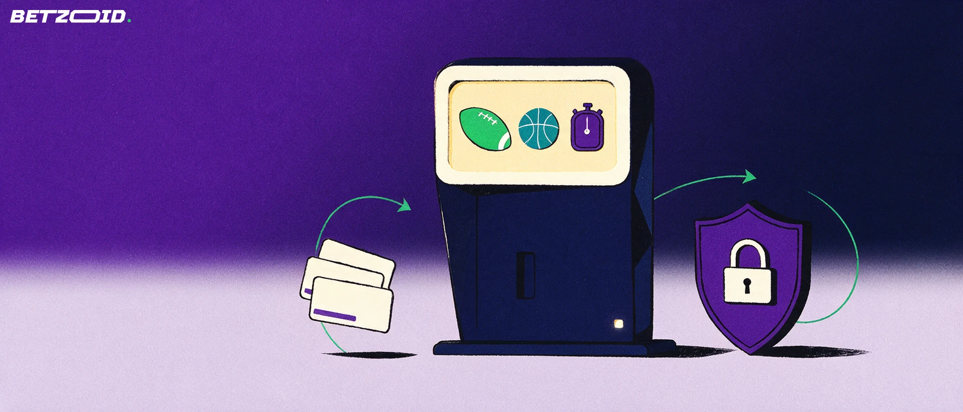 Illustration of a betting terminal with sport symbols beside a padlock shield and blank payment cards linked by arrows