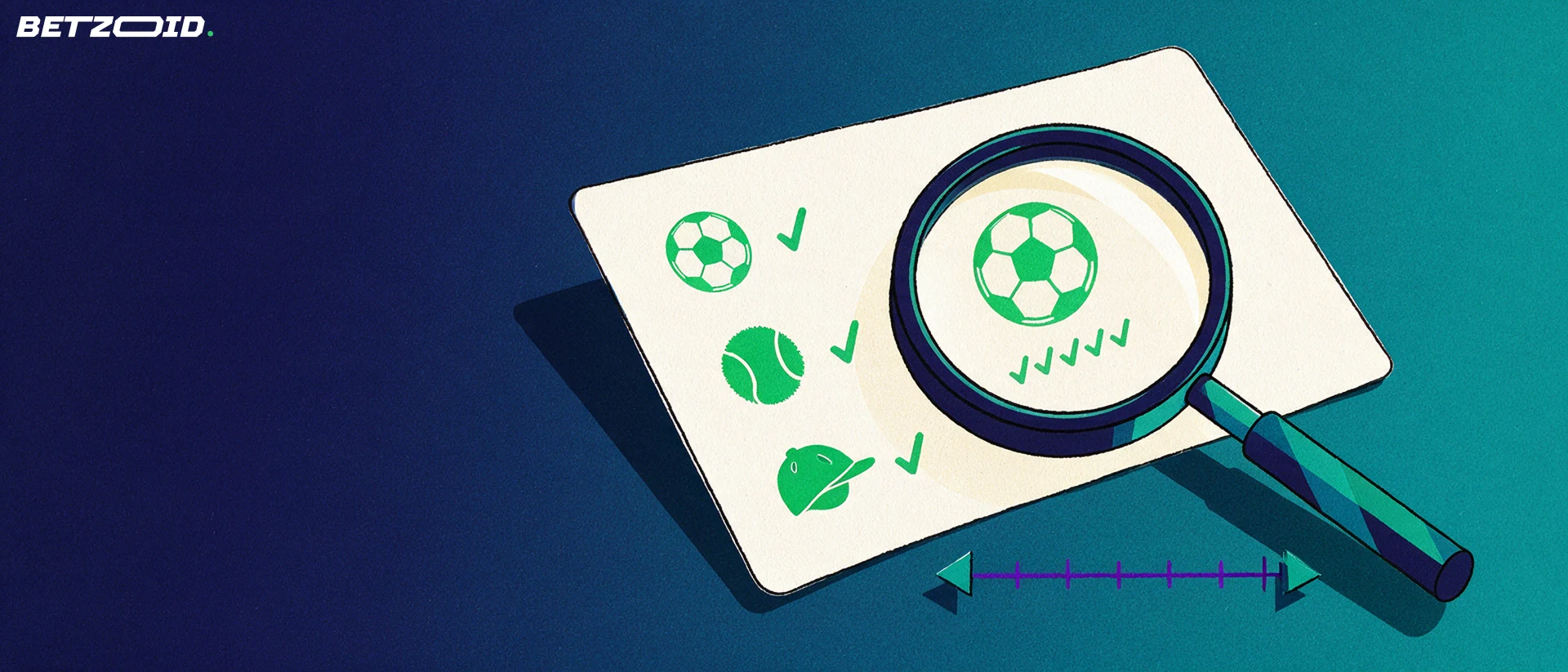 Illustration of a magnifying glass inspecting a paper betting slip marked with football, tennis and racing symbols and tick marks.
