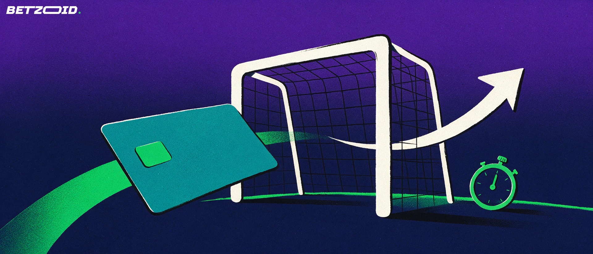 Illustration of a bank card flying into a football goal with arrows showing money going in and out, beside a small stopwatch.
