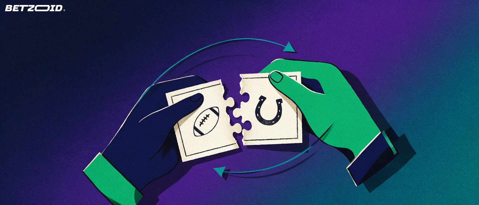 Illustration of two hands joining the interlocking halves of a betting slip marked with football and horseshoe symbols, linked by curved arrows.