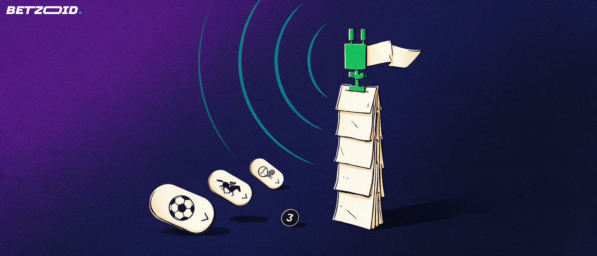 Illustration of a mast made from stacked betting slips sending signal arcs to three round tokens showing football, horse and tennis symbols.