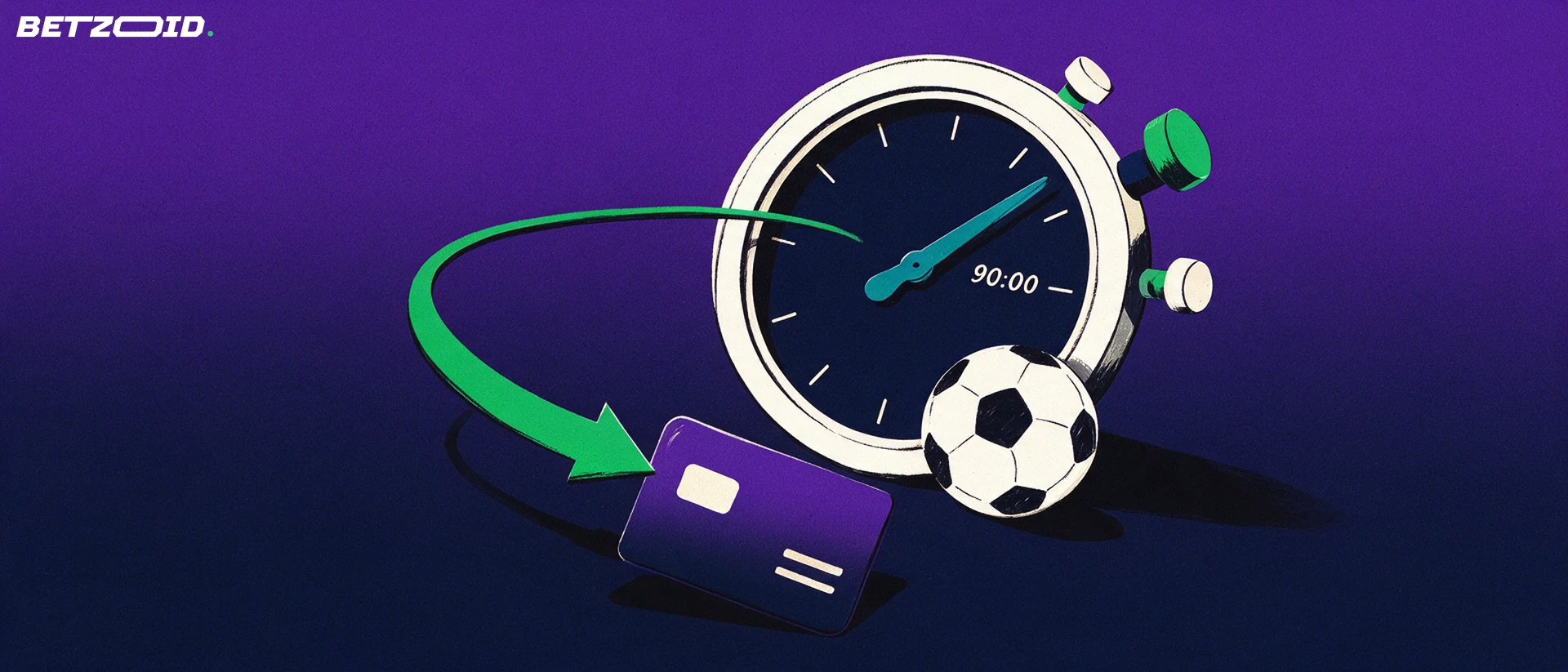 Illustration of a large stopwatch with a football at its base and a green arrow curving toward a plain payment card.