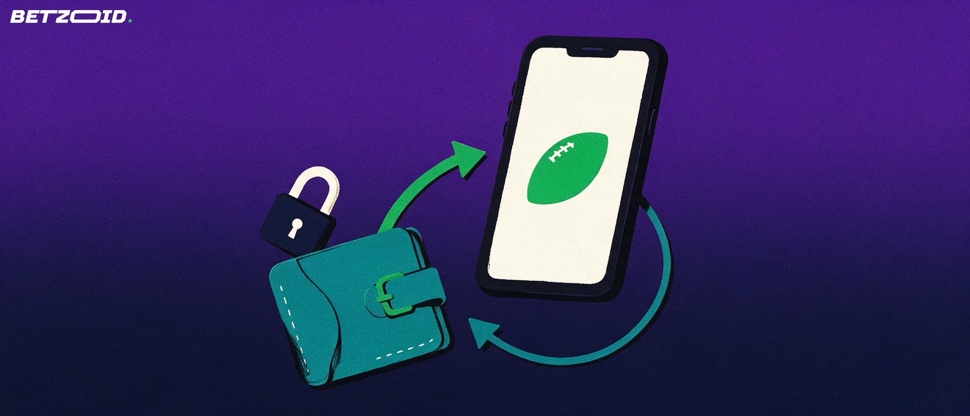 Illustration of a smartphone showing a football symbol linked to a wallet by curved arrows forming a payment loop, with a small padlock.
