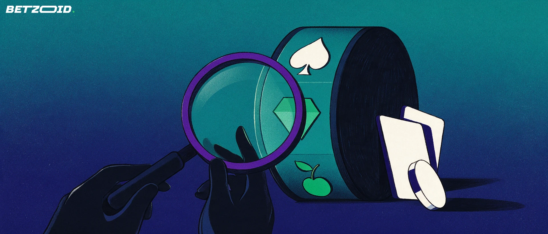 Illustration of a magnifying glass inspecting a slot reel drum with card suit and cherry symbols beside playing cards and a casino chip.