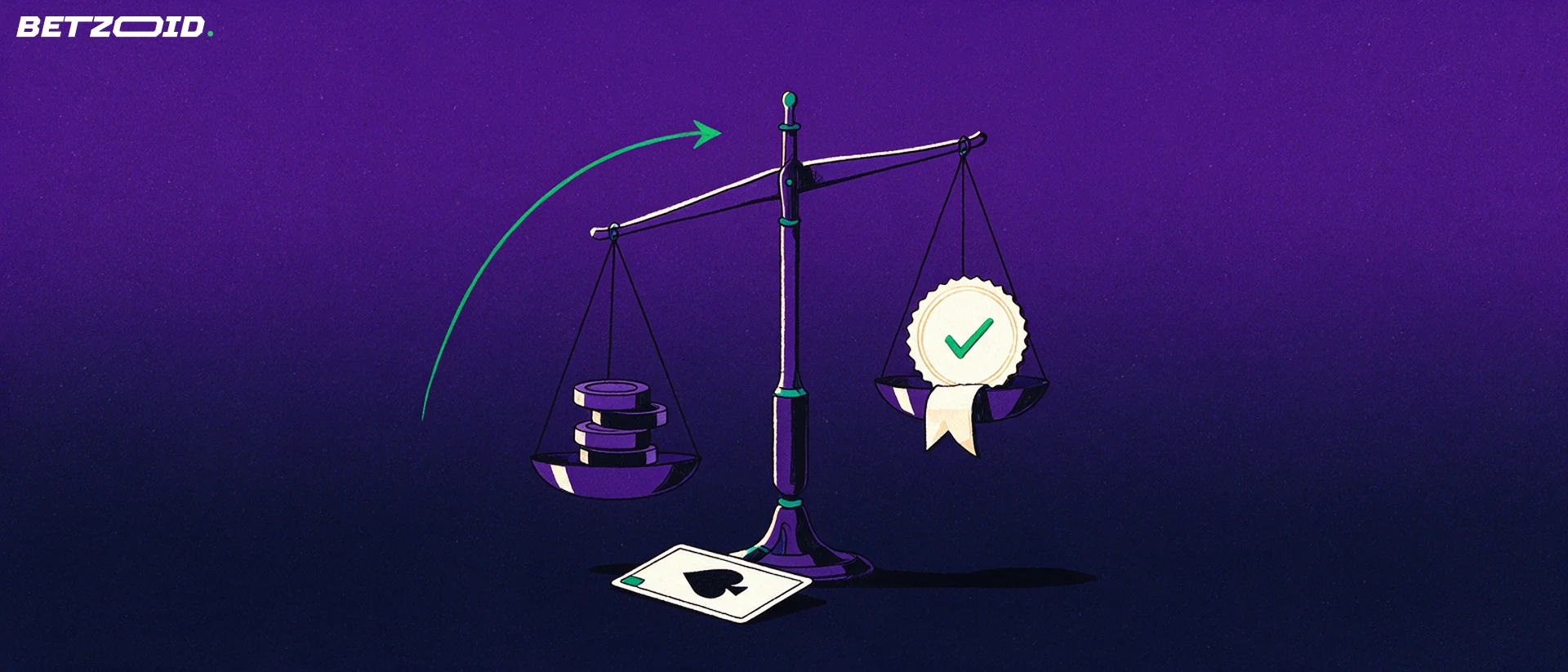 Illustration of a balance scale weighing a stack of casino chips against a checkmark seal, with an upward arrow.