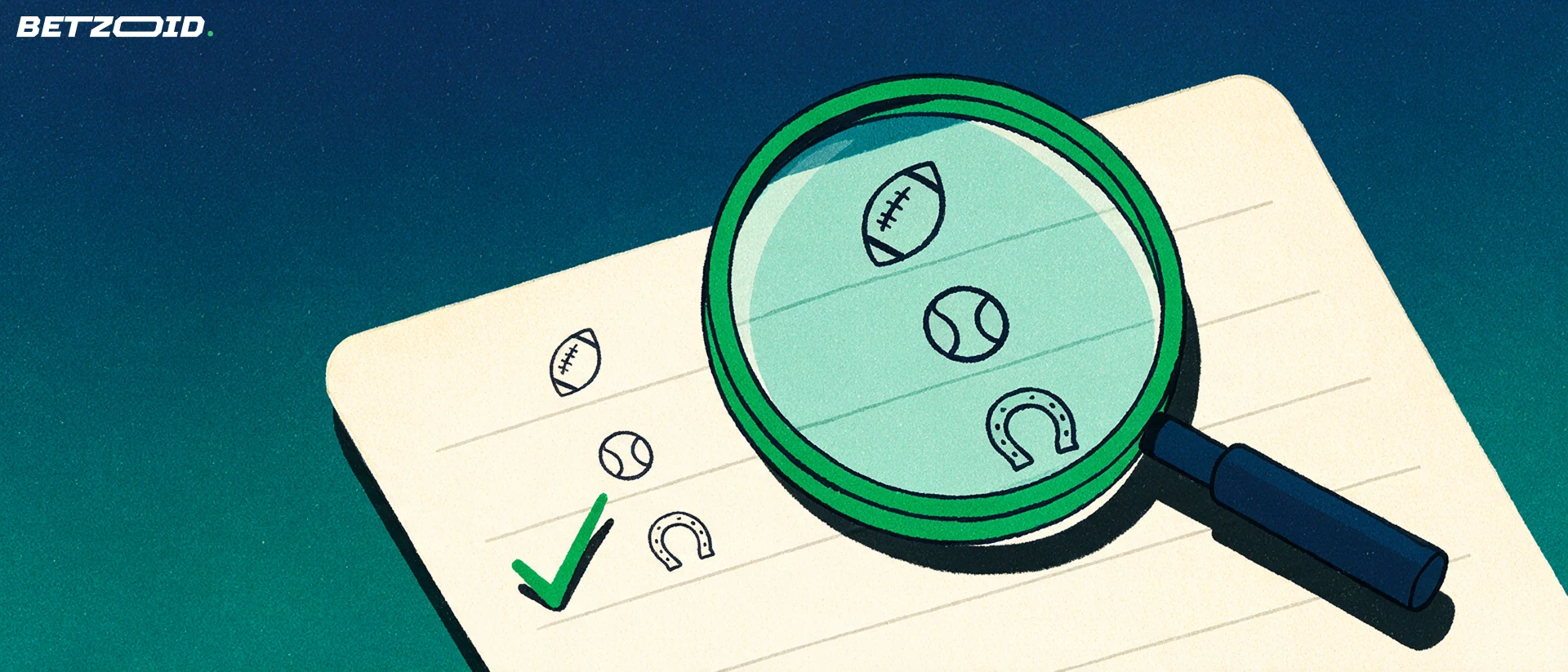 Illustration of a large magnifying glass examining a betting slip showing football, tennis and horseshoe symbols with a small tick mark.