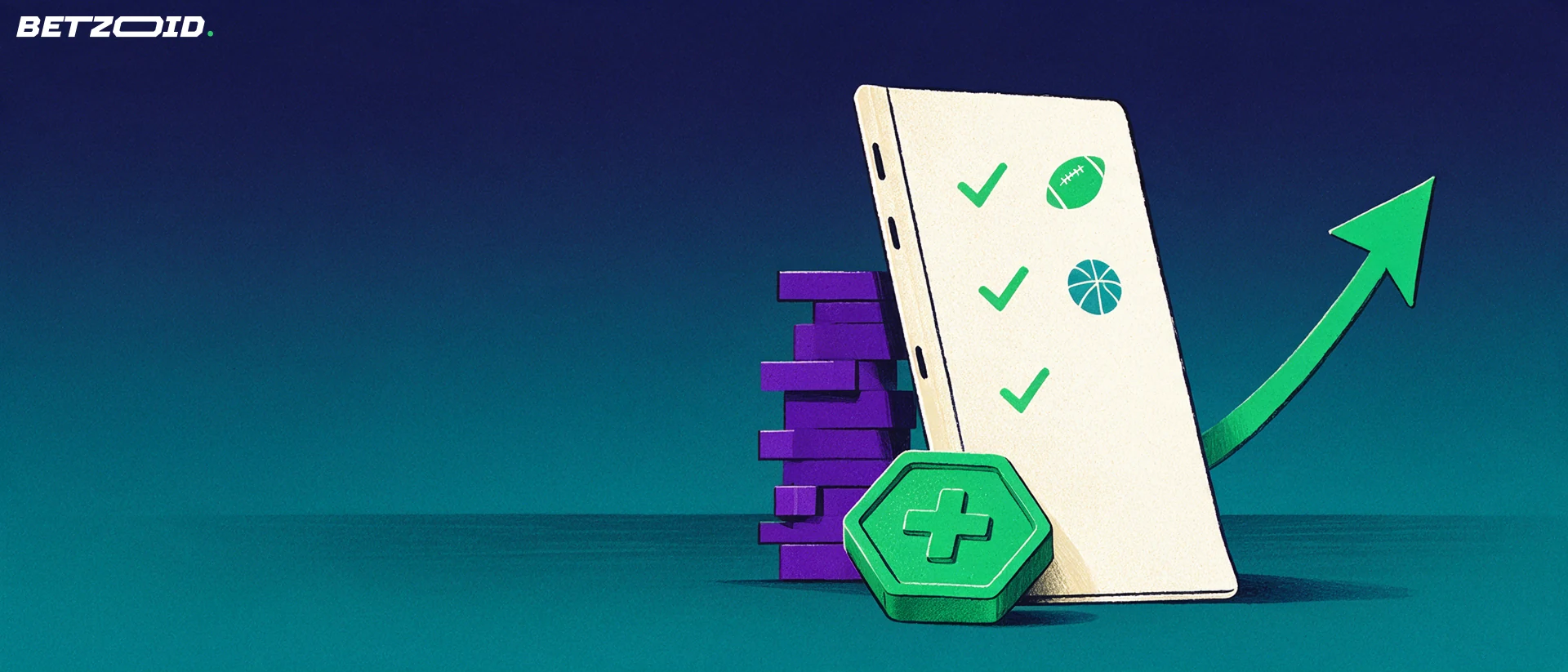 Ilustración de un gran cupón de apuestas con iconos de fútbol y baloncesto junto a una ficha verde con signo más y una flecha ascendente.
