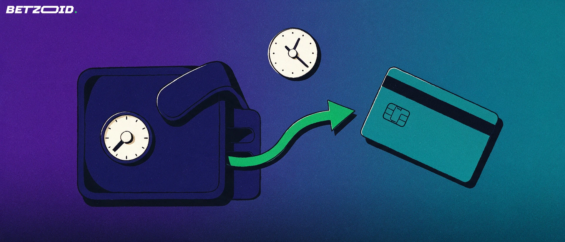 Ilustración de una caja fuerte con forma de billetera de la que sale una flecha verde hacia una tarjeta bancaria, con un reloj encima.