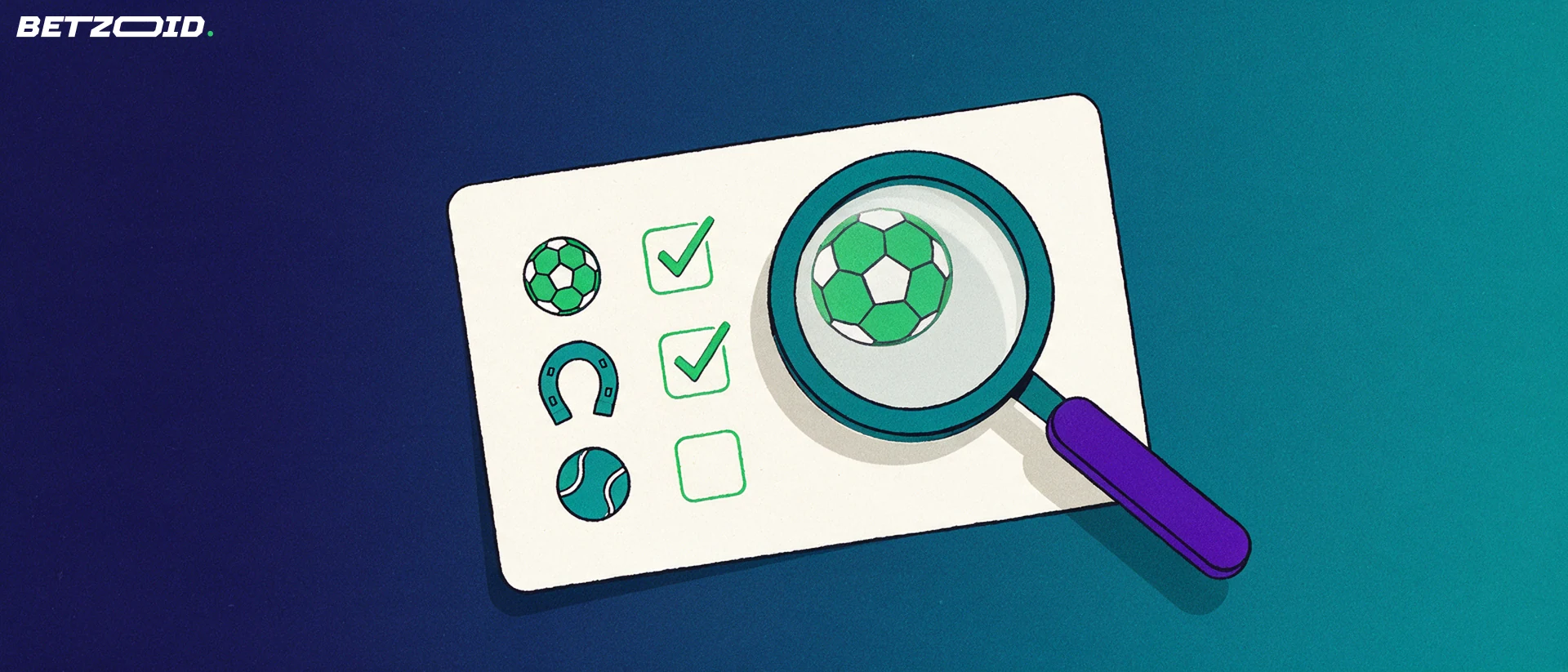 Illustration of a paper betting slip with football, horseshoe and tennis symbols and tick marks, examined through a large magnifying glass.