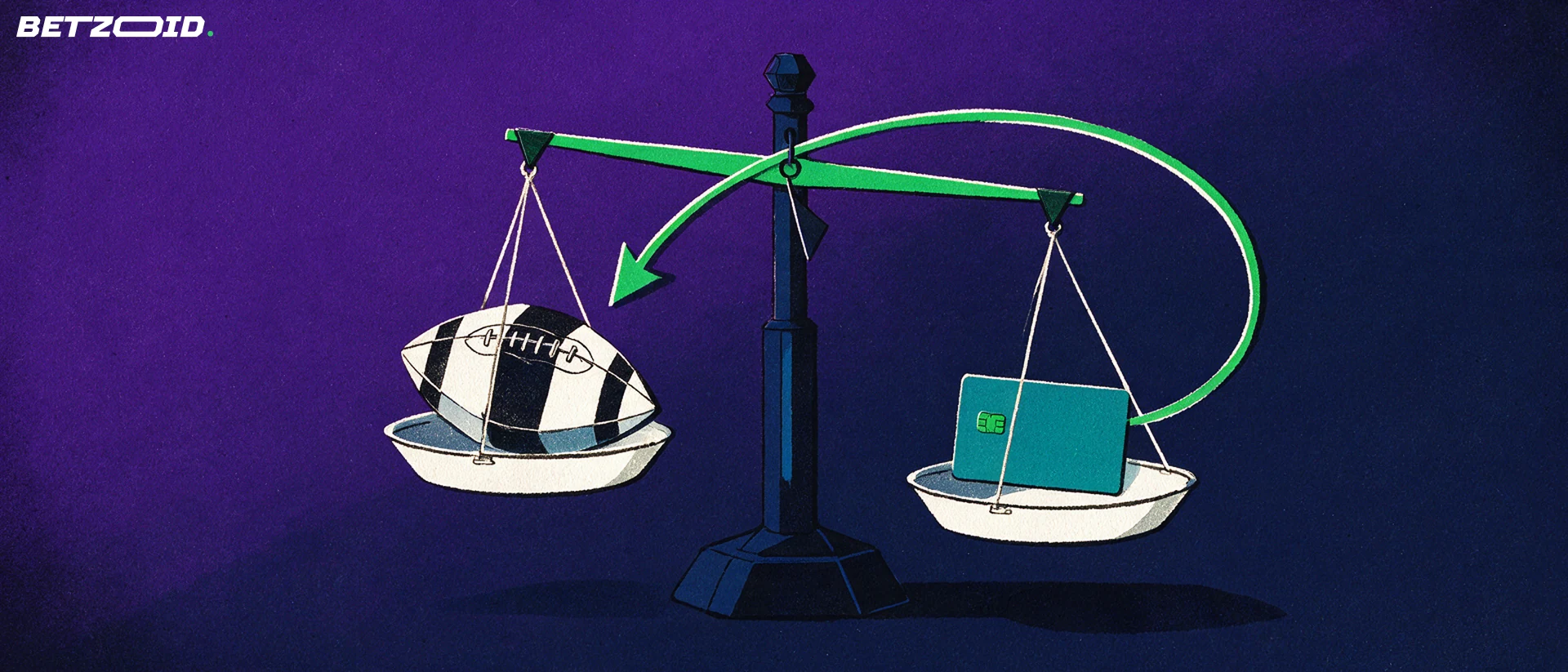 Illustration of a balance scale weighing a football against a plain bank card, with a green arrow curving between the pans.
