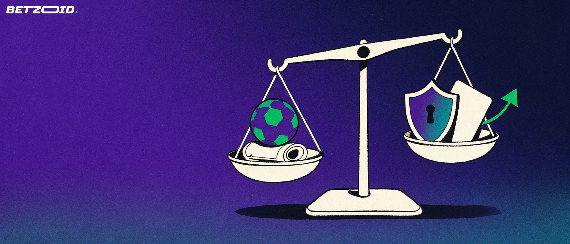 Ilustración de una balanza que compara un balón de fútbol con un escudo y una tarjeta de pago con una flecha verde.