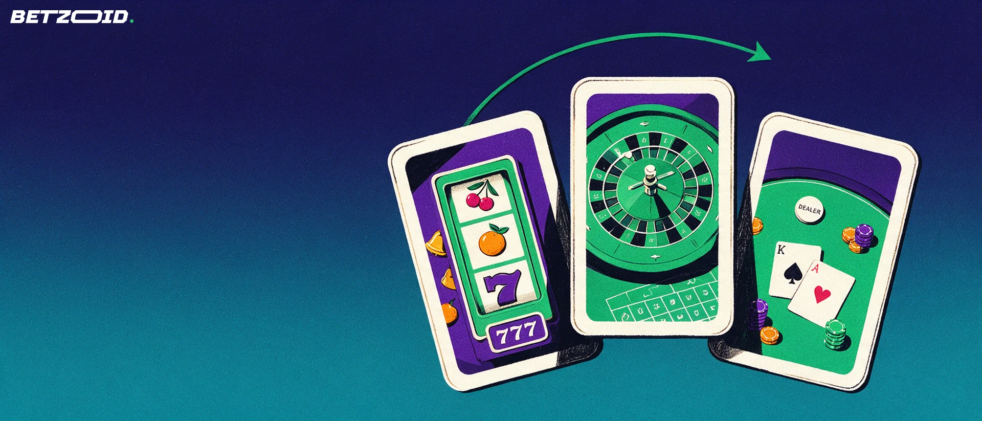 Illustration of three large game cards showing a slot reel, a roulette wheel and a blackjack table arc