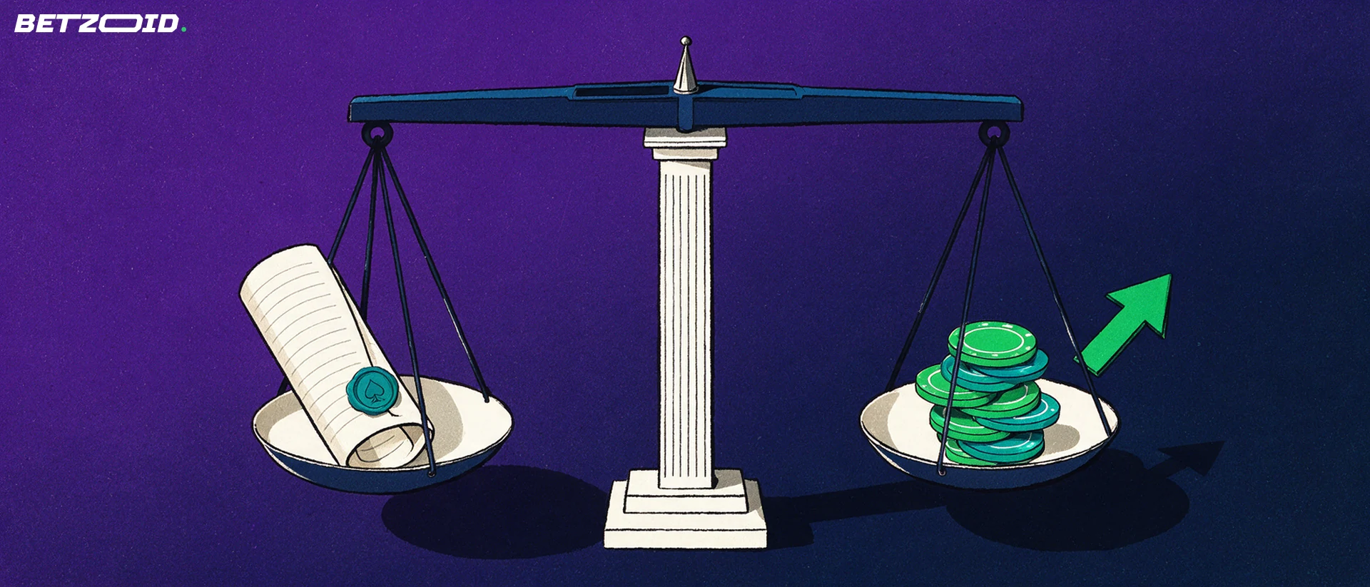 Illustration of a balance scale weighing a rolled terms scroll against casino chips with a payout arrow