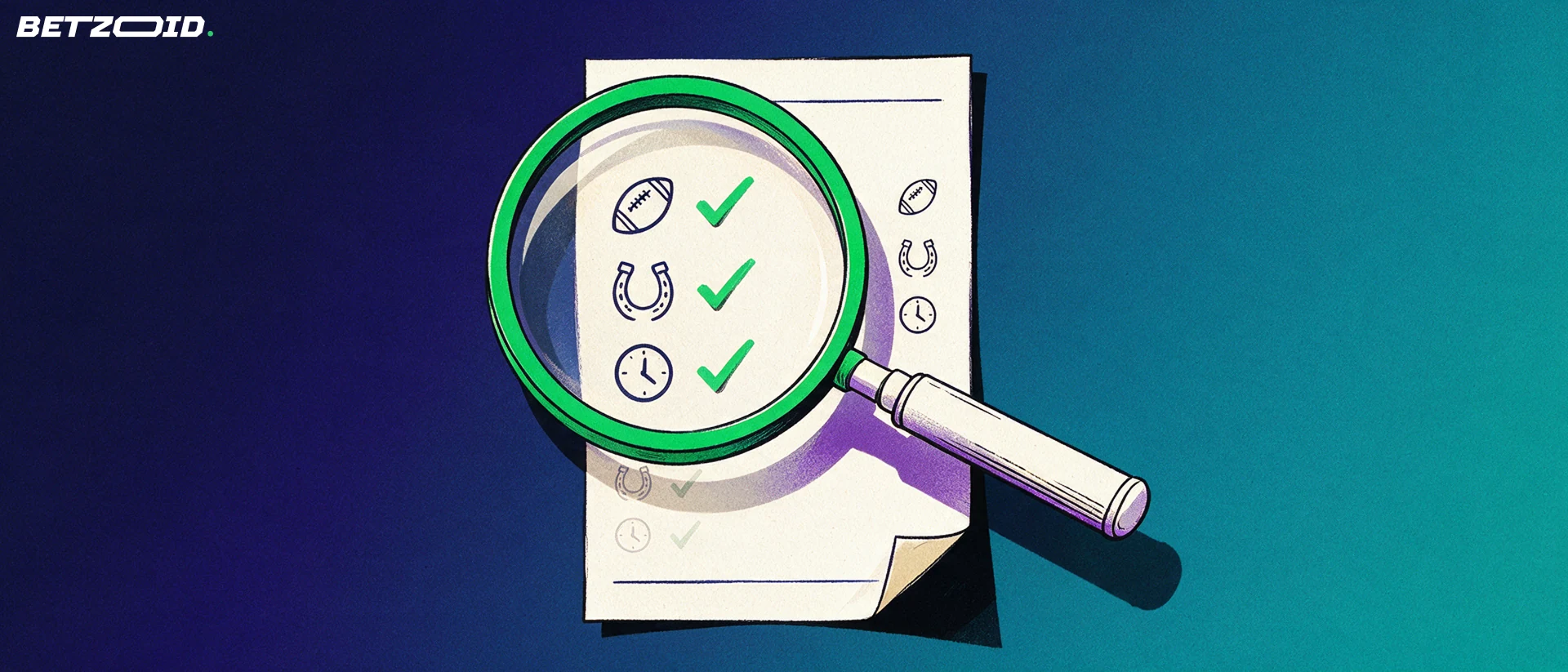 Illustration of a magnifying glass enlarging football, horseshoe and clock symbols with tick marks on a paper betting slip.