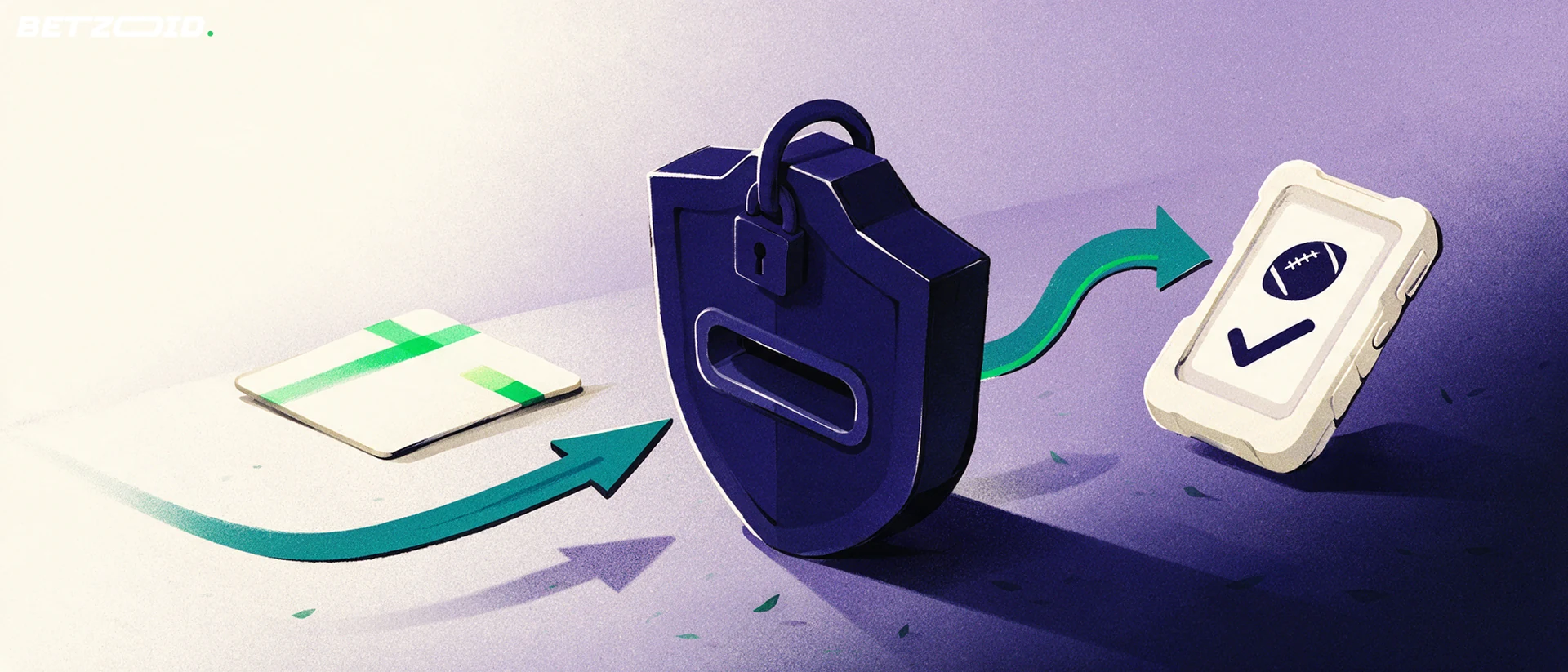Illustration of a bank card entering a padlocked shield-shaped safe with arrows returning to a small device showing a football symbol.