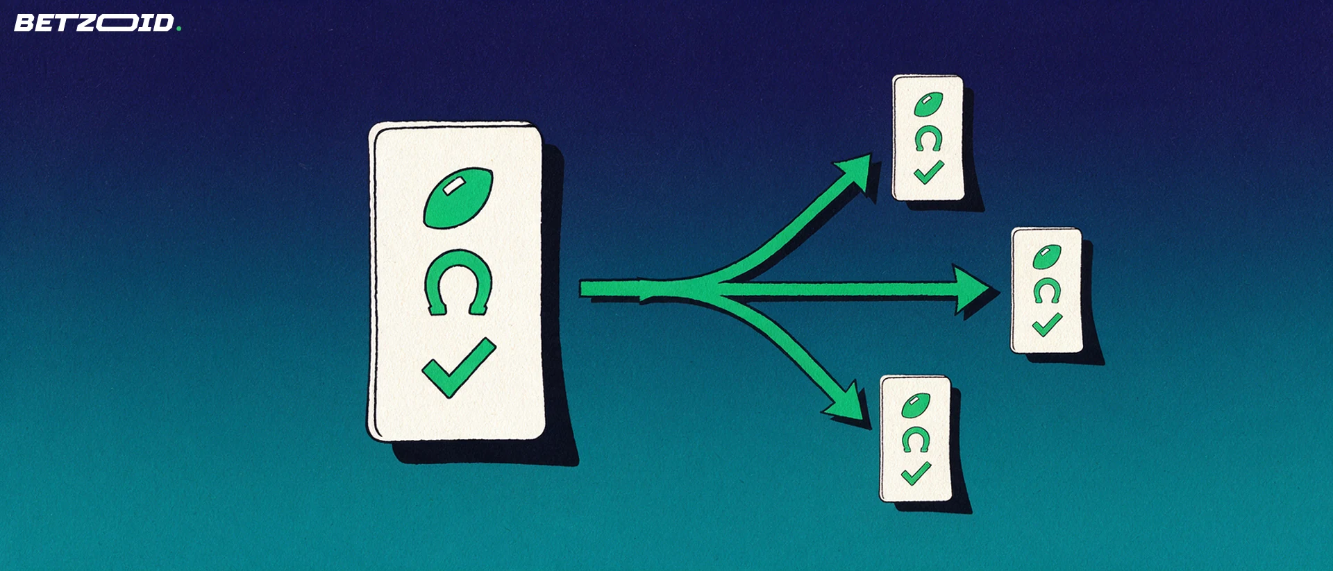 Illustration of a large betting slip with football and horseshoe symbols whose arrow splits into three smaller identical slips.