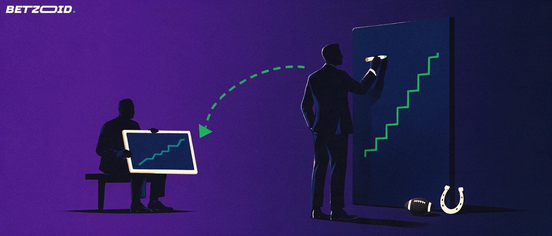 Illustration of one adult drawing a rising line on a board while another adult's smaller board shows the same line copied, joined by a dashed arrow.