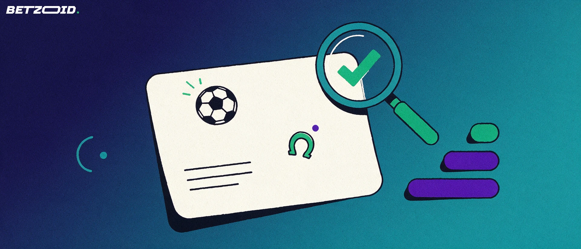 Illustration of a tilted bet slip card with sport symbols examined by a magnifying glass beside rising rating bars