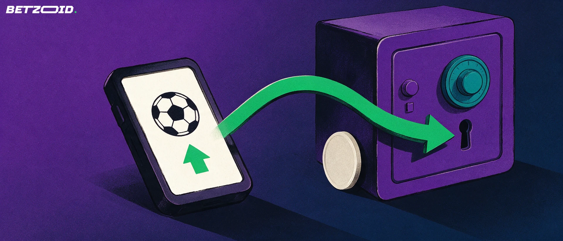 Illustration of a handheld device showing a football symbol with an arrow curving into a secure vault door beside a plain coin
