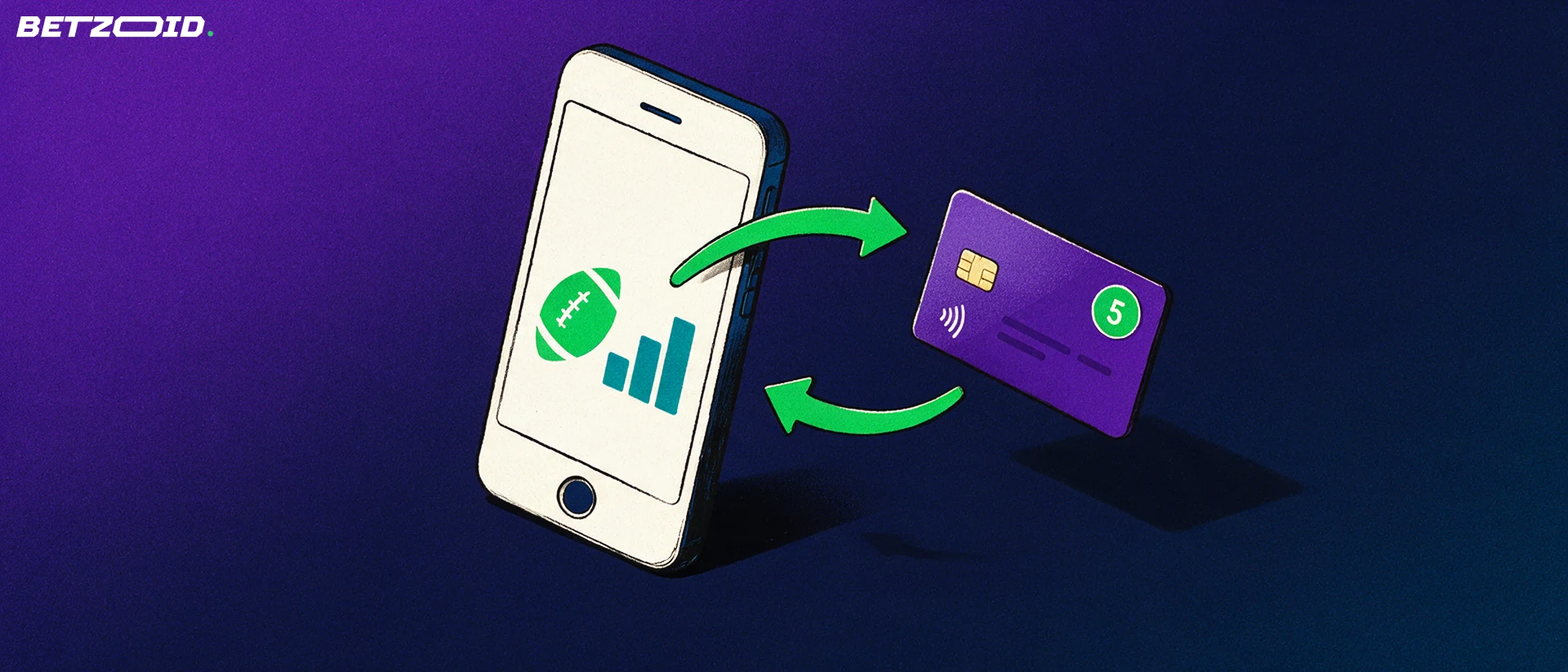 Illustration of a smartphone showing a football and chart symbols linked by looping arrows to a bank card with a small numeric badge.