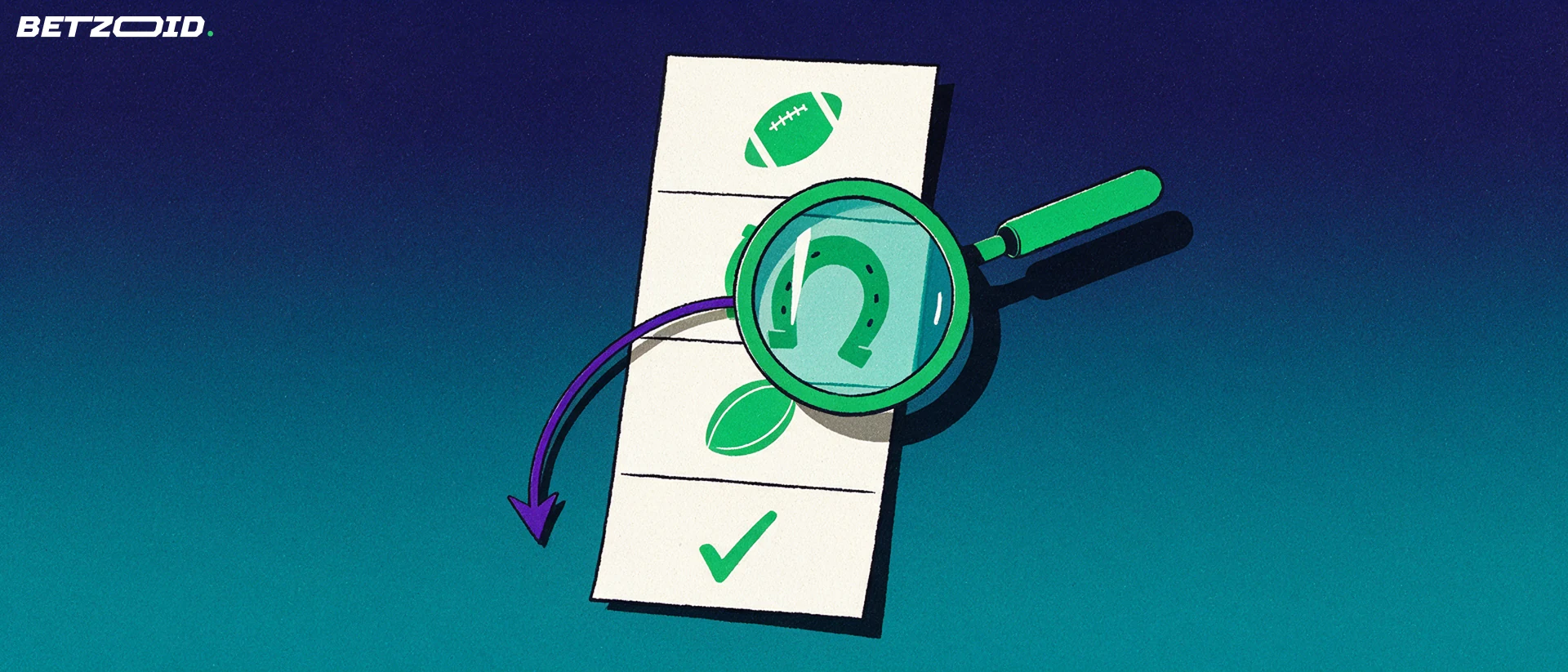 Illustration of a magnifying glass inspecting a betting slip marked with football, horseshoe and rugby ball symbols.