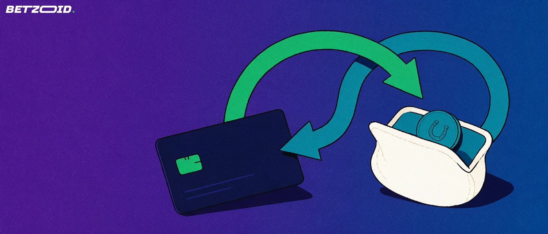 Illustration of a bank card and an open wallet linked by two curved arrows forming a deposit and withdrawal loop, with a horseshoe token.