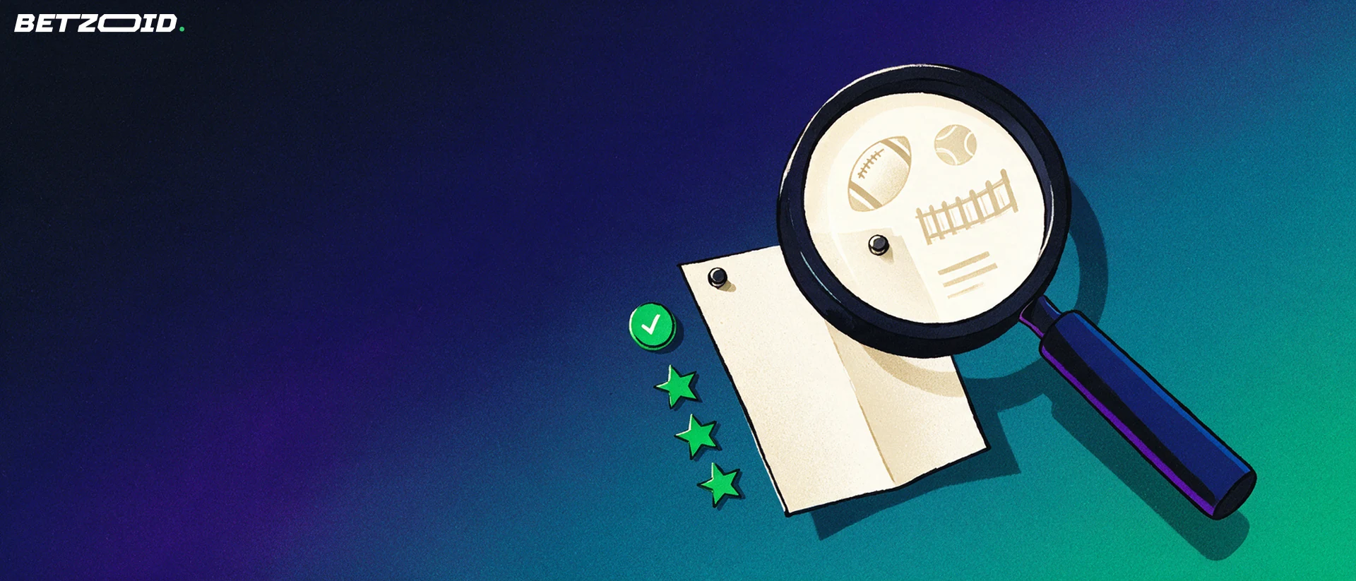 Illustration of a magnifying glass enlarging sports symbols on a folded betting slip beside a tick and three stars.