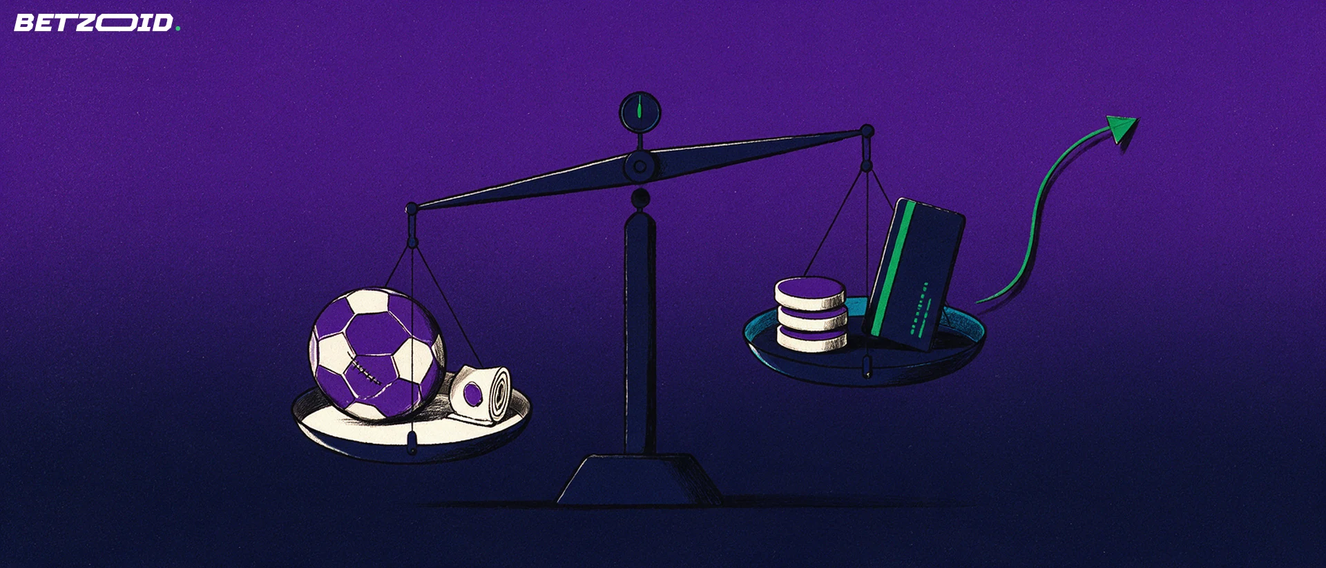 Illustration of a balance scale weighing a football and a betting coupon against a stack of tokens and a bank card.
