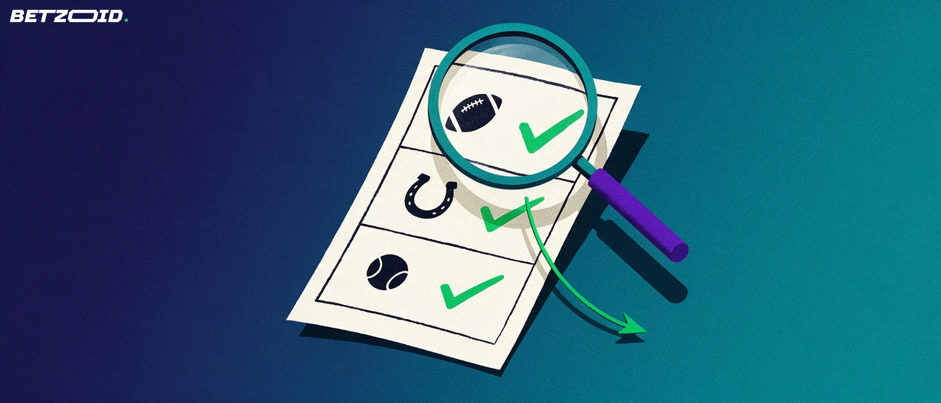 Illustration of a magnifying glass inspecting a paper betting slip marked with football, horseshoe and tennis ball symbols and green ticks.