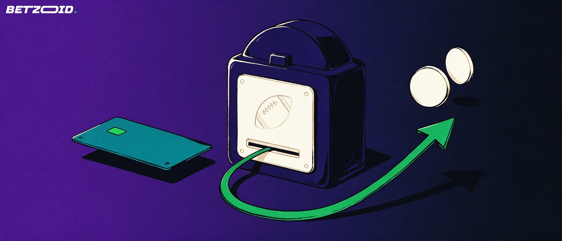 Illustration of a bank card sliding into a strongbox-style payment terminal marked with a football symbol, with a green arrow loop and two plain discs returning.
