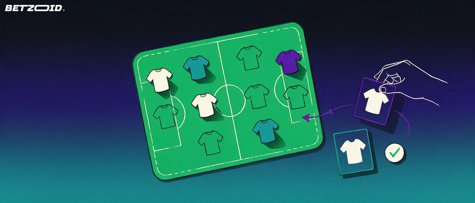 Overhead illustration of a football pitch board with blank team jerseys arranged in a formation and one jersey card being placed into an open slot.
