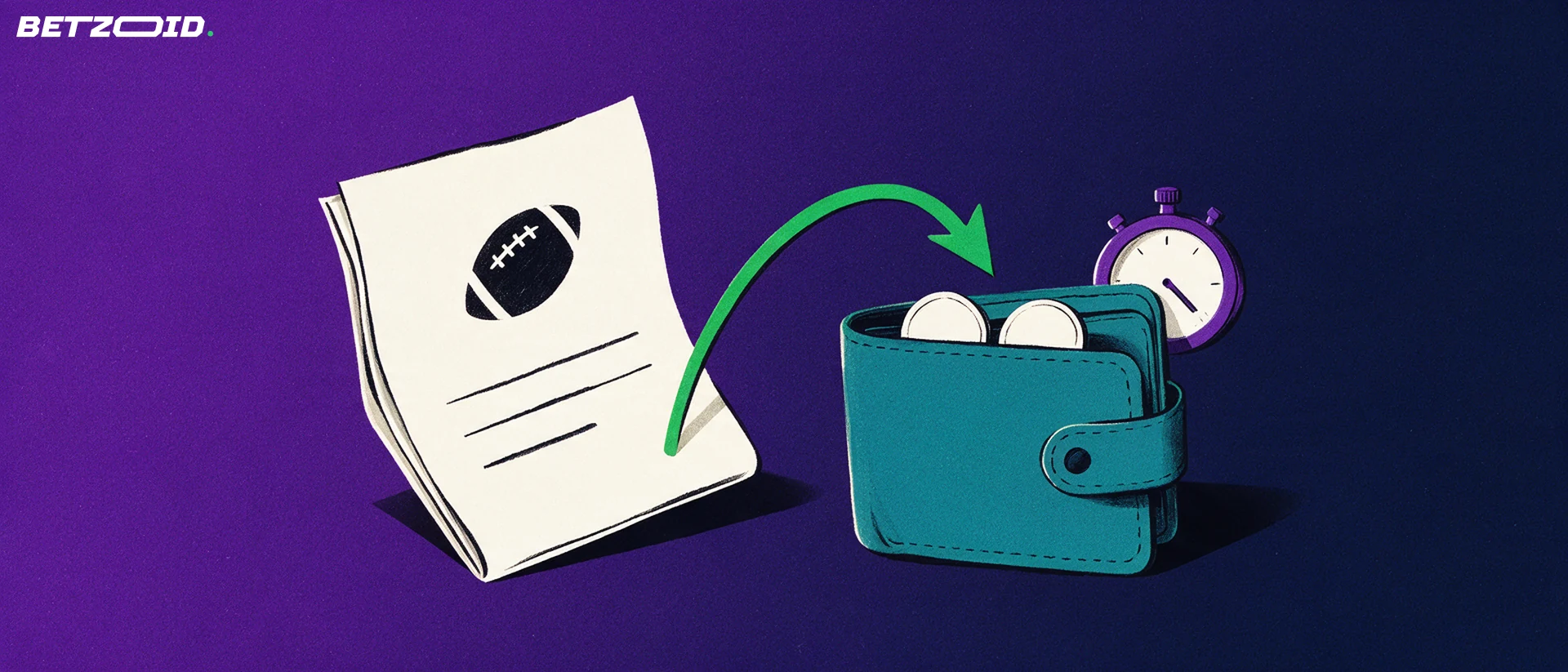 Illustration of a folded betting slip with a football symbol and a green arrow curving into an open wallet holding two coins, with a small stopwatch behind it.