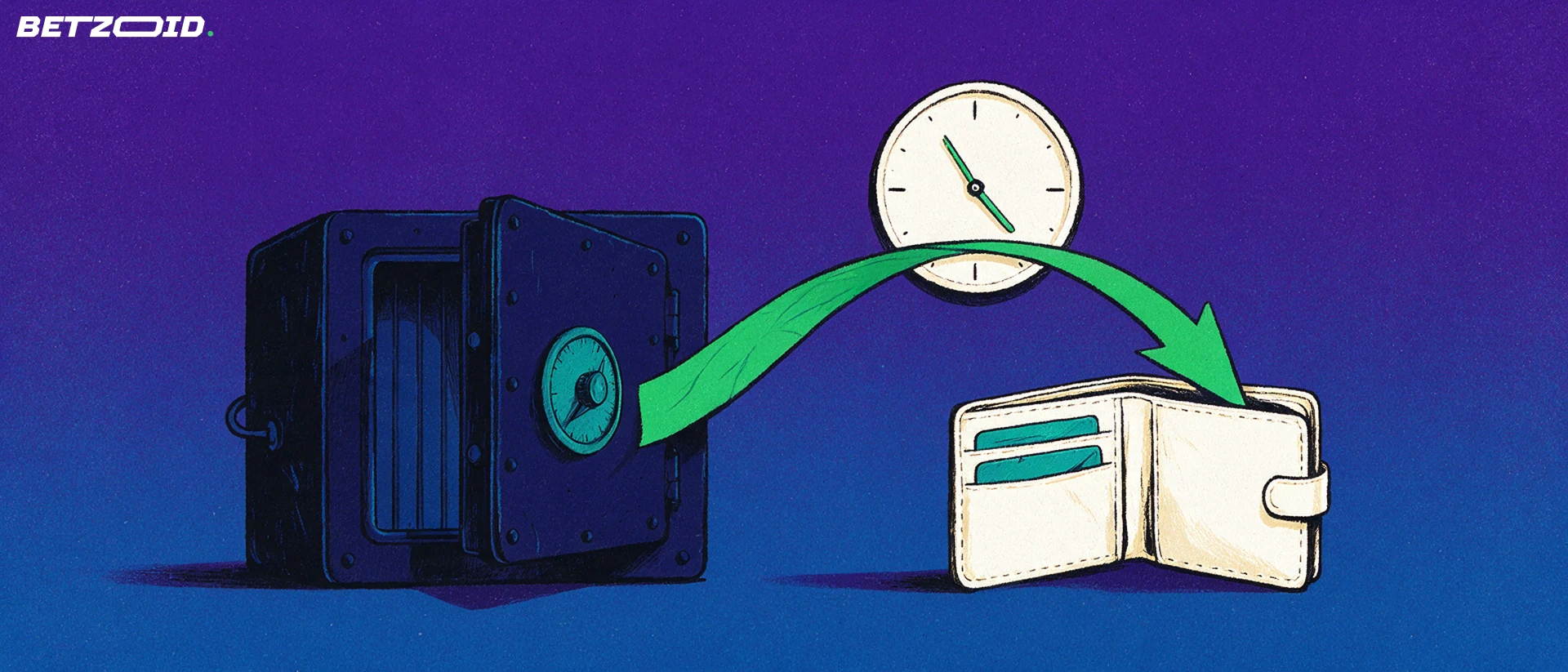 Ilustracja: z otwartego sejfu wychodzi zielona strzałka prowadząca do otwartego portfela z kartami, obok prosty zegar.