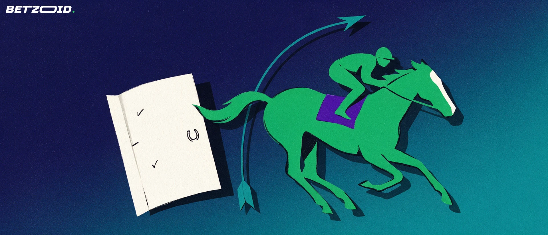 Illustration of a galloping racehorse and jockey beside a folded paper betting slip marked with ticks and a small horseshoe symbol.