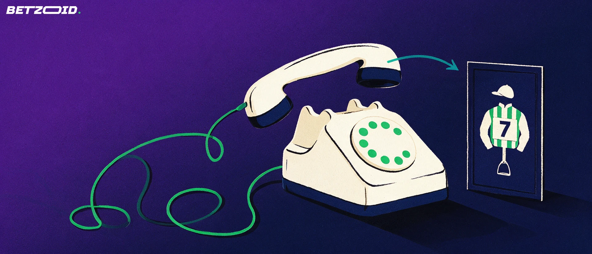 Illustration of a vintage rotary telephone with its handset lifted and a small card showing a jockey cap and stirrup symbol.