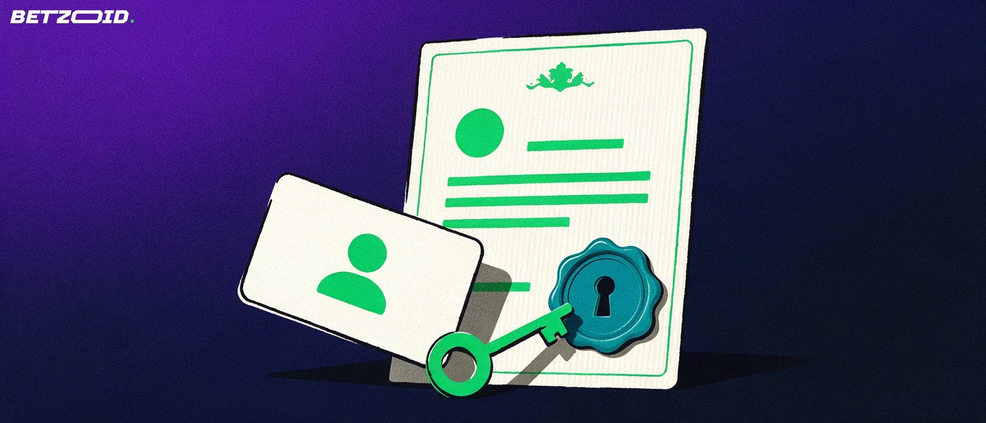 Illustration of a licence certificate with a sealed keyhole stamp, an account card showing a user silhouette, and a key pointing toward the seal.