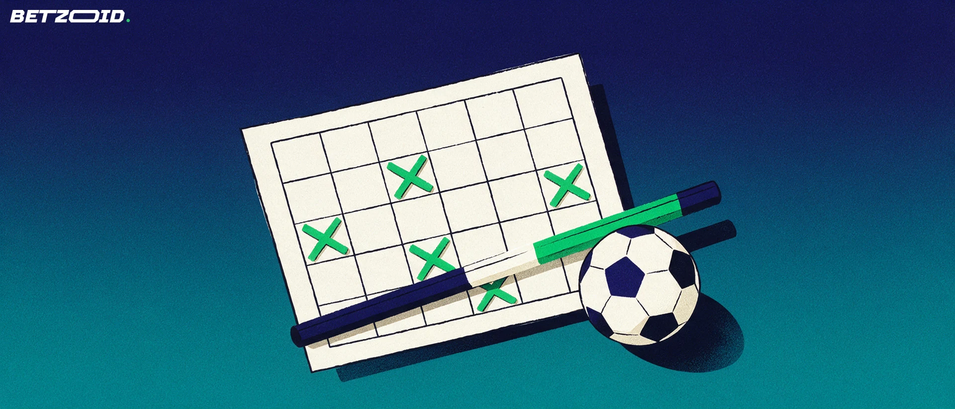 Illustration of a large football pools coupon with a grid of squares, a few marked with green crosses, beside a pencil and a football.