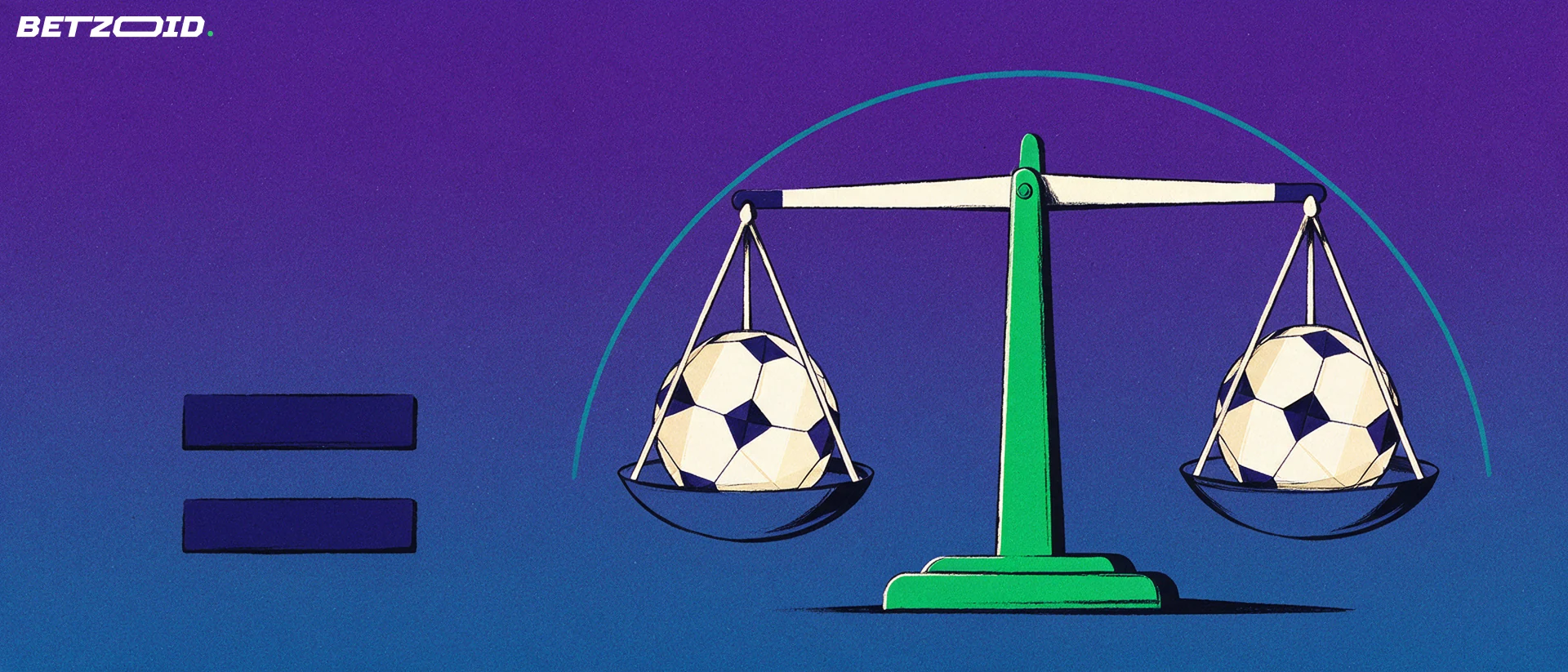 Illustration of a level balance scale holding one identical football in each pan, symbolising an even football result.