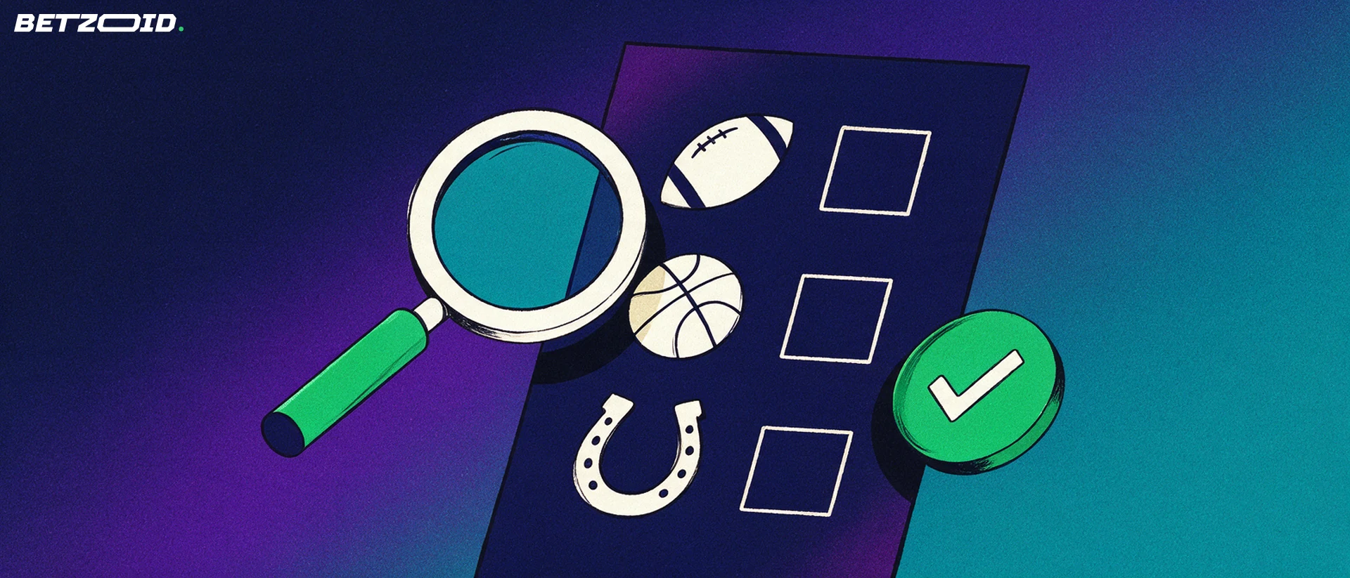 Illustration of a magnifying glass inspecting a betting slip marked with football, basketball and horseshoe symbols