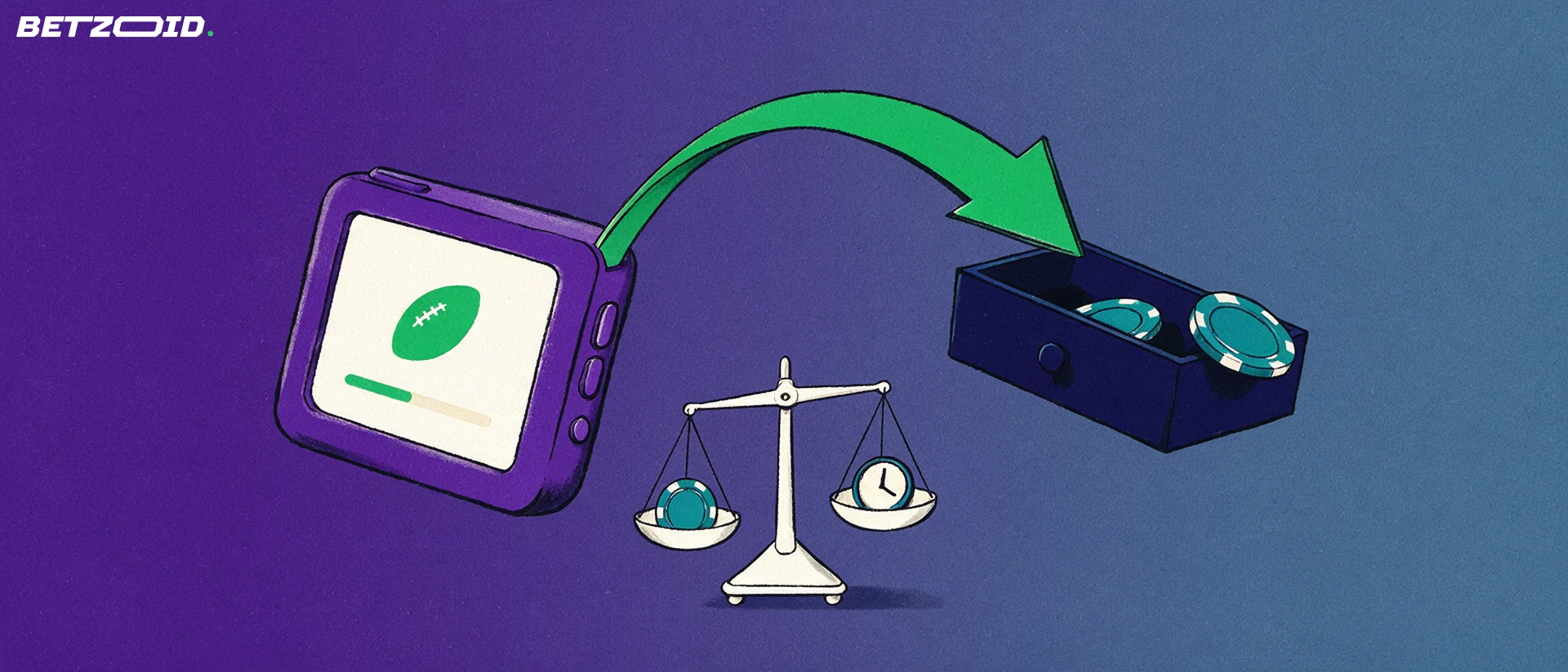 Illustration of a mobile device with a football symbol, a curved arrow to a payout tray and scales weighing a chip against a clock