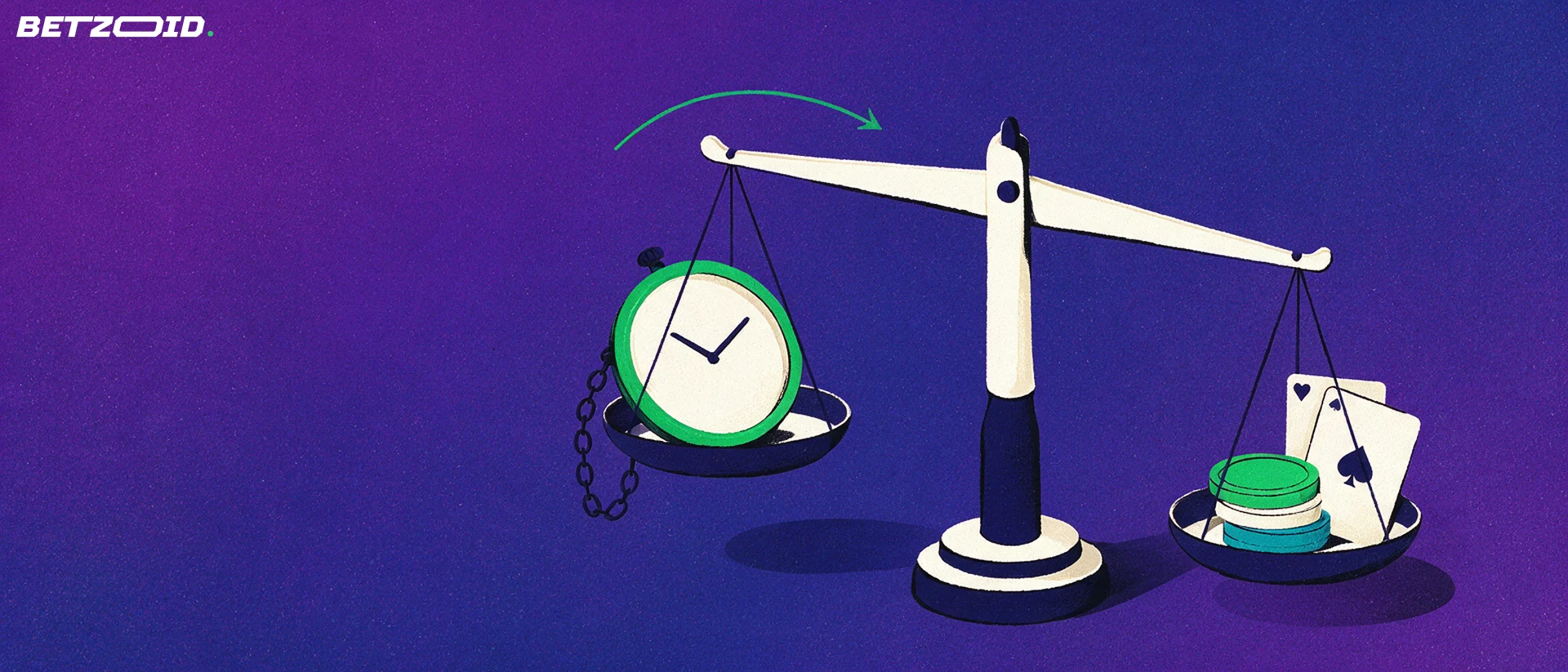 Illustration of a balance scale weighing a pocket watch against a stack of casino chips and two playing cards.
