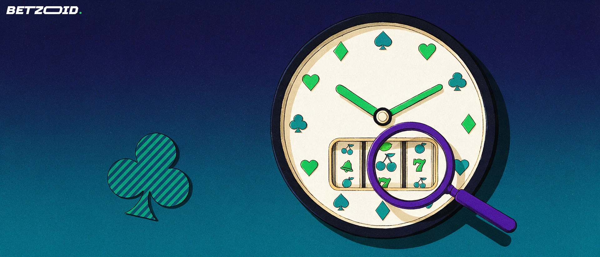 Illustration of a round clock with card-suit hour markers and a slot reel window, examined through a large magnifying glass.