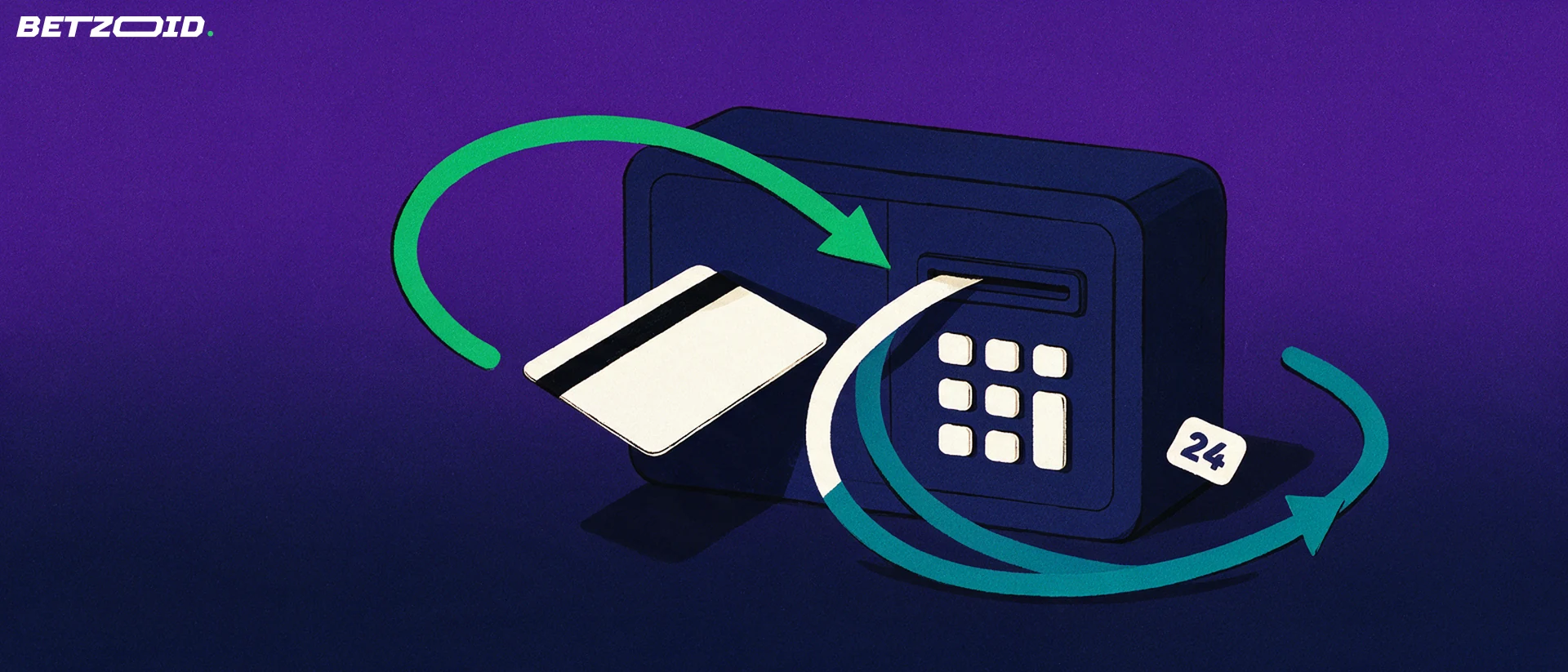 Illustration of a plain payment card entering a cashier strongbox with two curved arrows showing deposits and withdrawals
