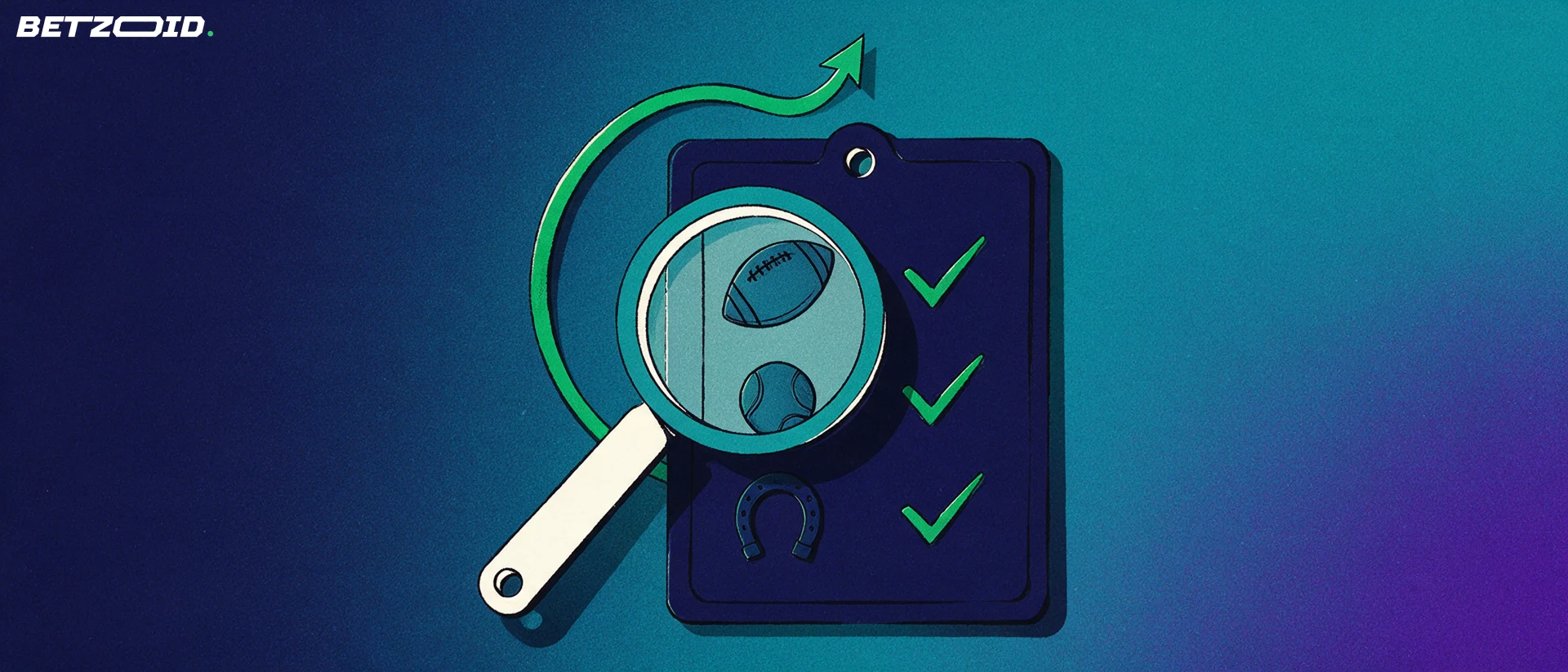 Illustration of a magnifying glass inspecting a checklist panel marked with football, tennis and horseshoe symbols.