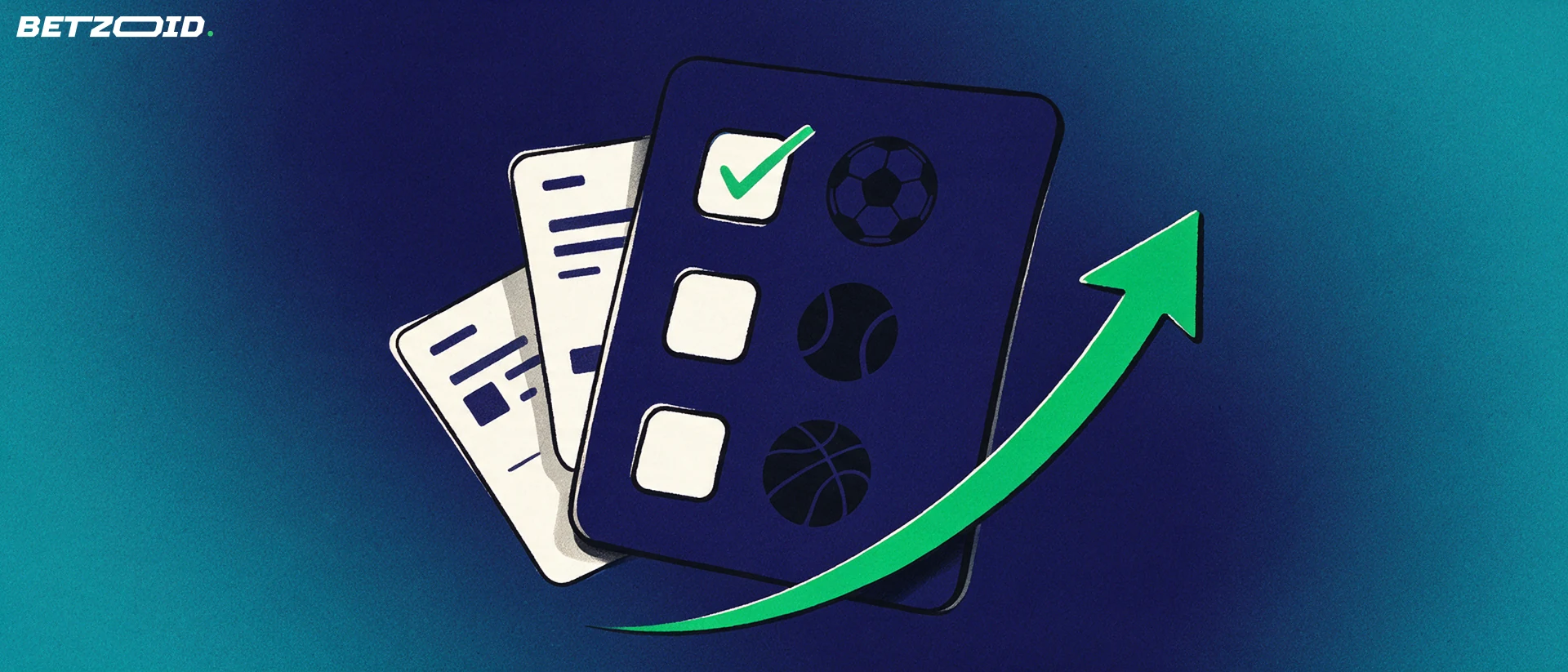 Illustration of a large betting slip card with football, tennis and basketball icons and an upward arrow.