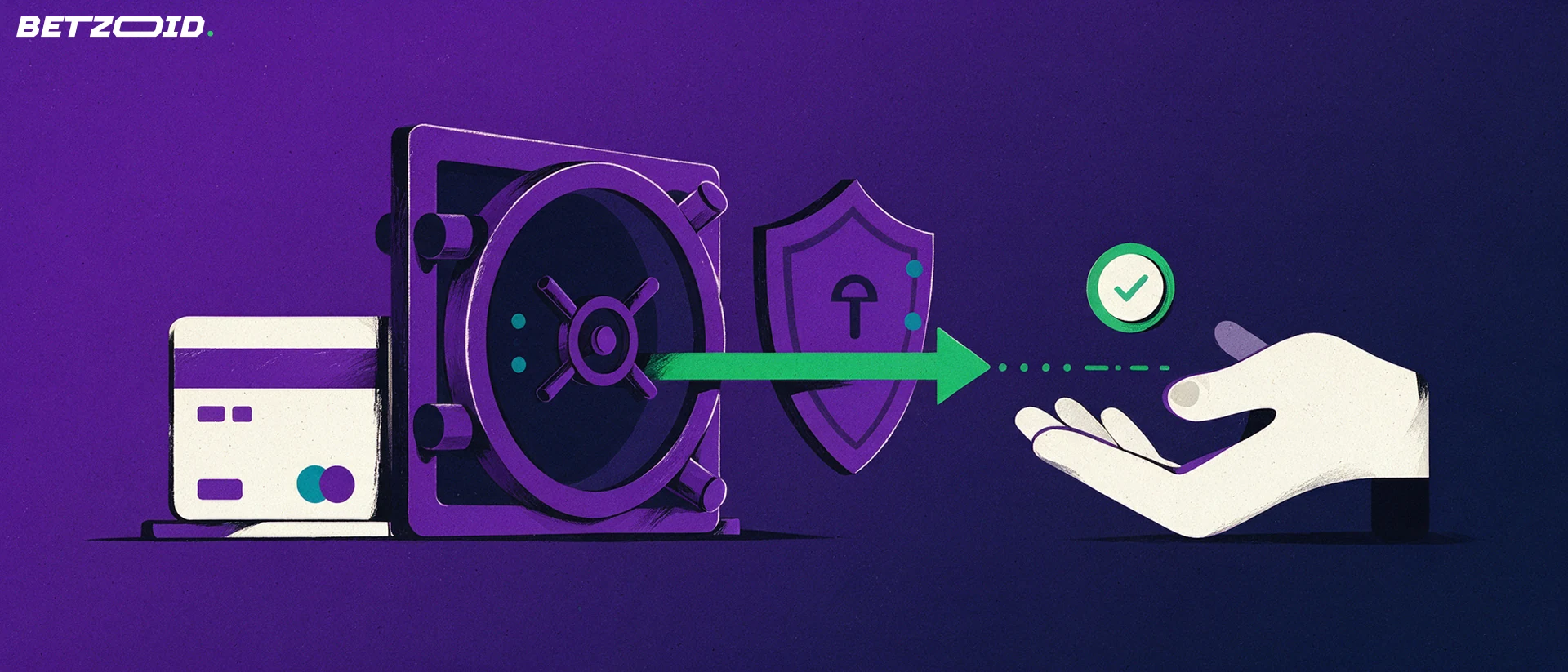 Illustration of a vault and bank card with a green arrow carrying a payout through a shield into an open hand.