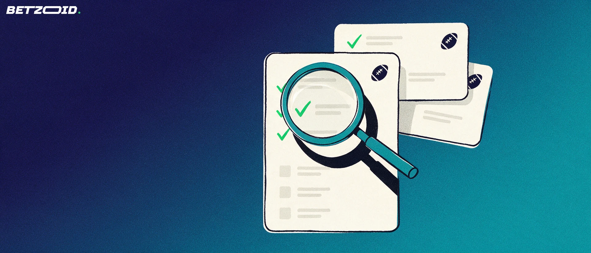 Illustration of a magnifying glass inspecting a bet slip card marked with green tick marks and a small football symbol.