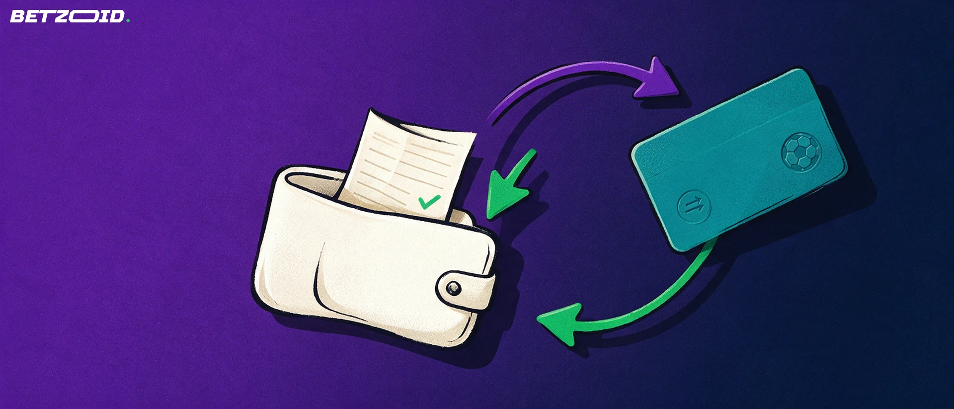 Illustration of a wallet holding a betting slip and a plain payment card with a football symbol, linked by two curved arrows showing money moving in and out.