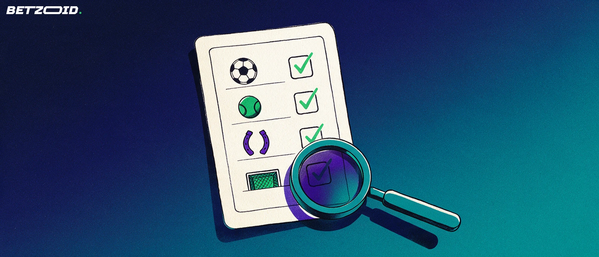 Illustration of a large betting slip with sport symbols and checkmarks being examined through a magnifying glass.