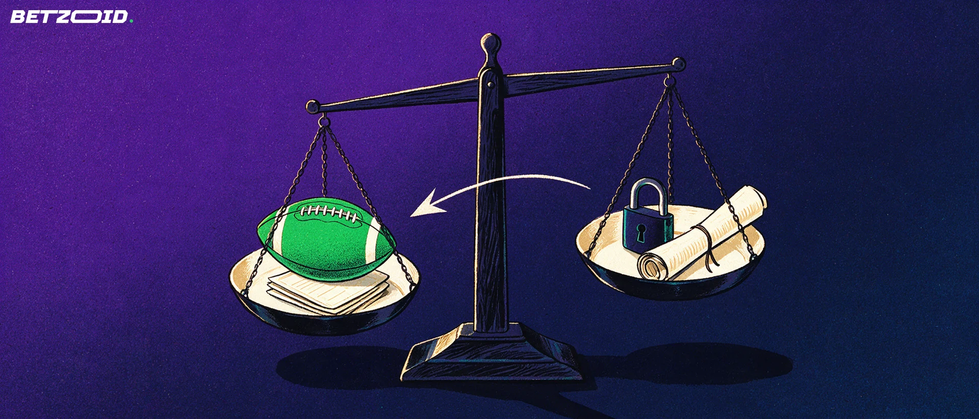 Illustration of a balance scale weighing a football on stacked betting slips against a rolled rulebook and a padlock.